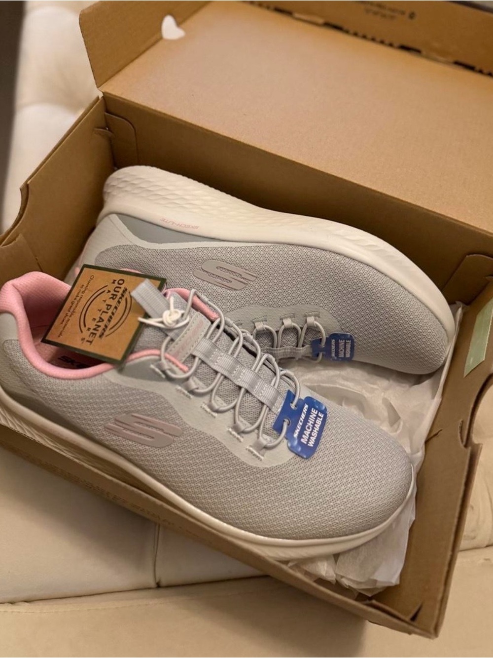 Skechers Light Gray and Pink Slip-On Memory Foam Sneakers